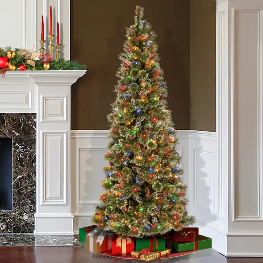 Trees | National Tree Company Pre-Lit Artificial Slim Christmas Tree Glittering Pine Green Multicolor Lights Power ConnectDecorated with Pine Cones Includes Stand 9 Feet F2L4F68